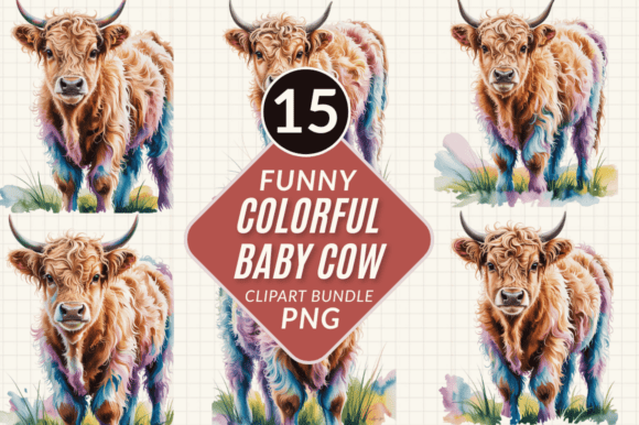 Colorful Baby Cow Clipart PNG Bundle