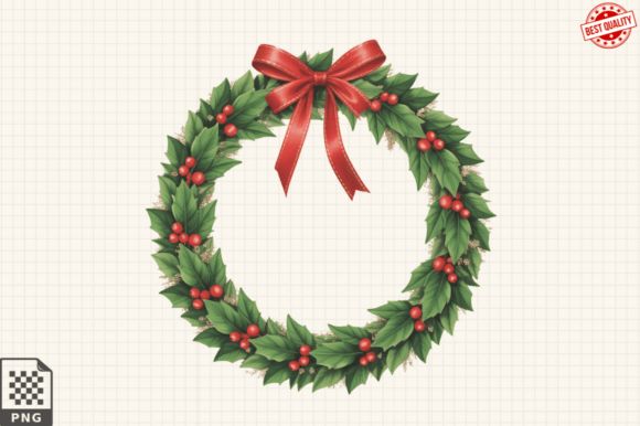 Watercolor Christmas Wreath and Bow PNG for Crafts